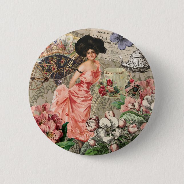 Coffee Lady Victorian Woman Pink Classy 6 Cm Round Badge (Front)