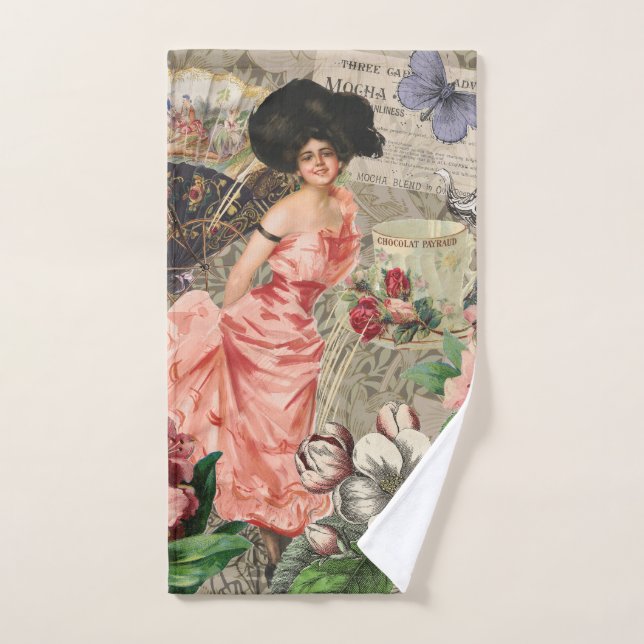 Coffee Lady Victorian Woman Pink Classy Bath Towel Set (Hand Towel)