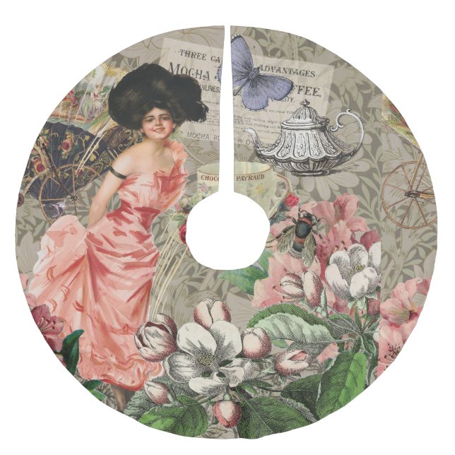 Coffee Lady Victorian Woman Pink Classy Brushed Polyester Tree Skirt (Front)