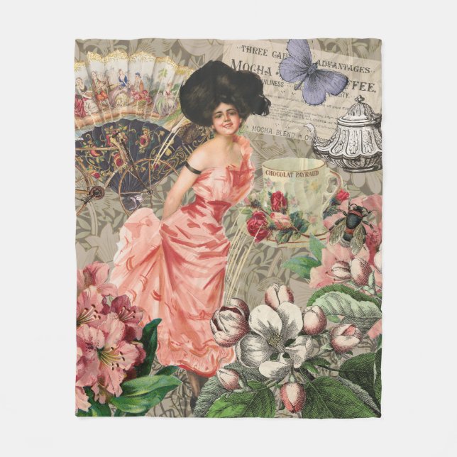 Coffee Lady Victorian Woman Pink Classy Fleece Blanket (Front)