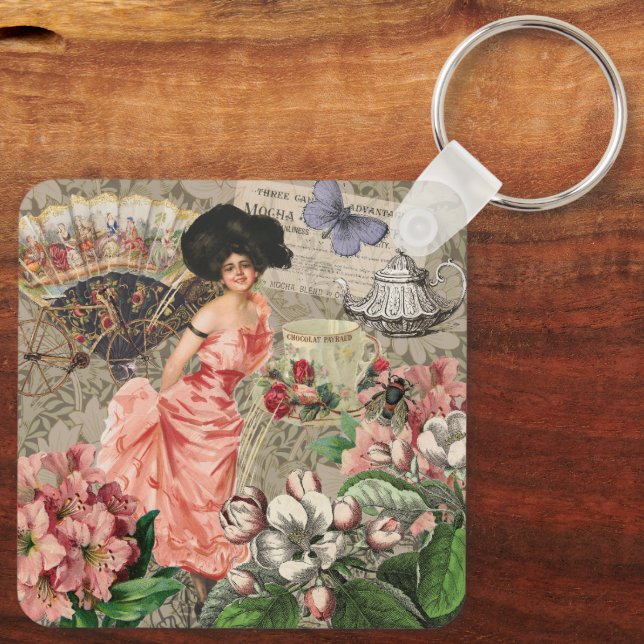 Coffee Lady Victorian Woman Pink Classy Key Ring (Back)