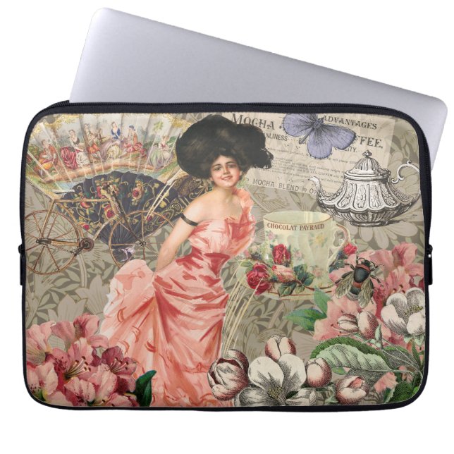 Coffee Lady Victorian Woman Pink Classy Laptop Sleeve (Front)