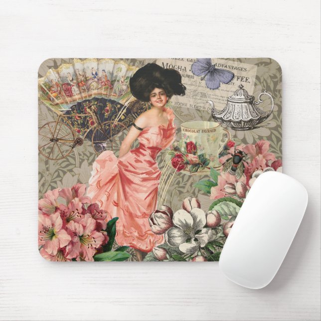 Coffee Lady Victorian Woman Pink Classy Mouse Mat (With Mouse)