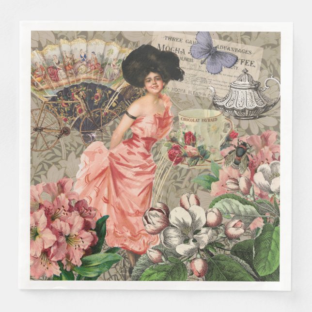 Coffee Lady Victorian Woman Pink Classy Napkin (Front)