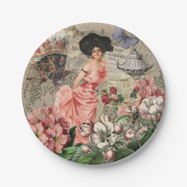 Coffee Lady Victorian Woman Pink Classy Paper Plate (Front)