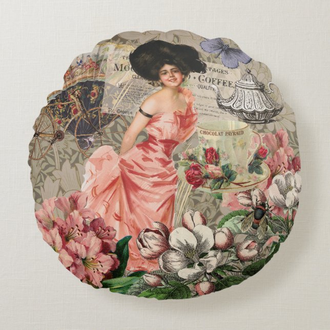 Coffee Lady Victorian Woman Pink Classy Round Cushion (Front)