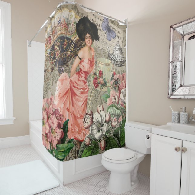 Coffee Lady Victorian Woman Pink Classy Shower Curtain (In Situ)