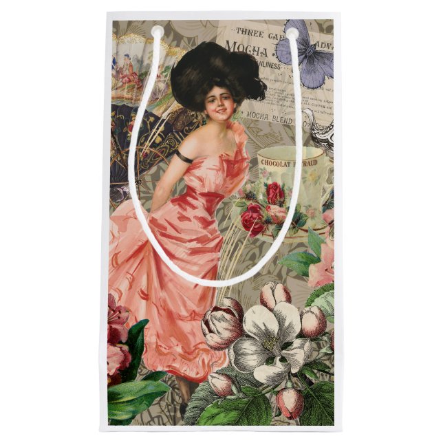 Coffee Lady Victorian Woman Pink Classy Small Gift Bag (Front)