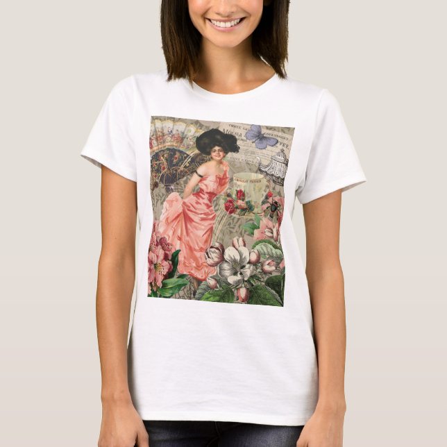 Coffee Lady Victorian Woman Pink Classy T-Shirt (Front)