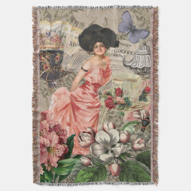 Coffee Lady Victorian Woman Pink Classy Throw Blanket (Front Vertical)