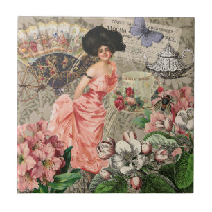 Coffee Lady Victorian Woman Pink Classy Tile