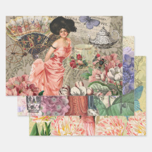 Coffee Lady Victorian Woman Pink Classy Wrapping Paper Sheet