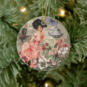 Coffee Lady Victorian Woman Pink Rich Gown Ceramic Tree Decoration