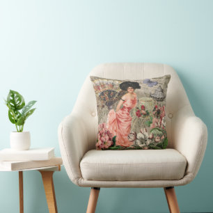 Coffee Lady Victorian Woman Pink Rich Gown Cushion