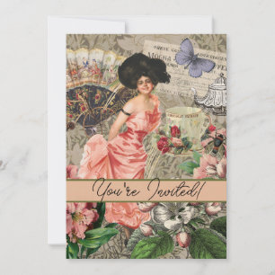 Coffee Lady Victorian Woman Pink Rich Gown Invitation