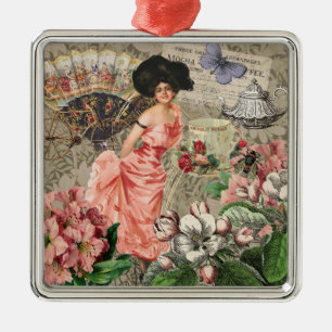 Coffee Lady Victorian Woman Pink Rich Gown Metal Tree Decoration