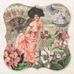 Coffee Lady Victorian Woman Pink Rich Gown Paper Coaster