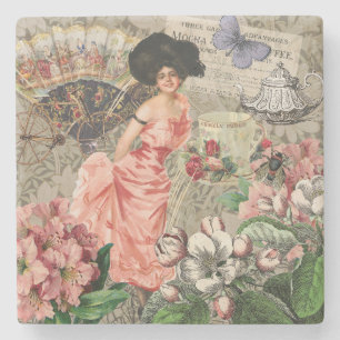 Coffee Lady Victorian Woman Pink Rich Gown Stone Coaster
