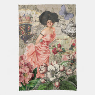 Coffee Lady Victorian Woman Pink Rich Gown Tea Towel