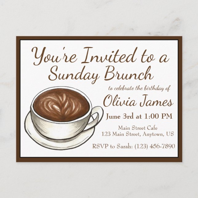 Coffee Latte Birthday Bridal Wedding Shower Brunch Invitation Postcard (Front)