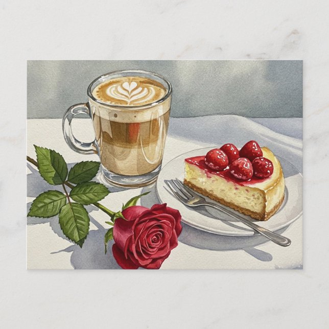 Coffee Latte Cheesecake Strawberry Rose Postcard (Front)