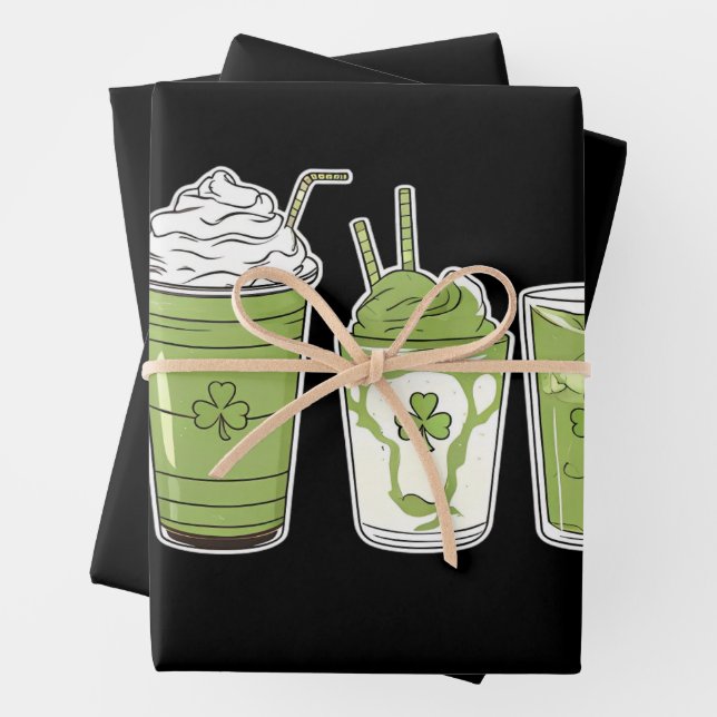 Coffee Latte Green Cute Irish St Patrick's Day Wrapping Paper Sheet (In situ)