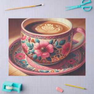 Coffee Latte in Pink Teal Floral Cup Decoupage Tissue Paper