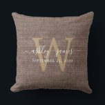Coffee Linen Monogram Wedding Keepsake Cushion<br><div class="desc">Rustic and modern wedding keepsake coffee woven linen effect pillow with your text in white chic handwritten script calligraphy and your monogram in gold stylish typography. Simply add your names, monogram and wedding date. Great gift for a newlywed couple. Exclusively designed for you by Happy Dolphin Studio. If you need...</div>