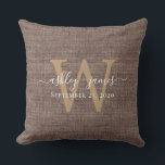 Coffee Linen Monogram Wedding Keepsake Cushion<br><div class="desc">Rustic and modern wedding keepsake coffee woven linen effect pillow with your text in white chic handwritten script calligraphy and your monogram in gold stylish typography. Simply add your names, monogram and wedding date. Great gift for a newlywed couple. Exclusively designed for you by Happy Dolphin Studio. If you need...</div>