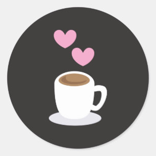 Coffee love hearts on black classic round sticker