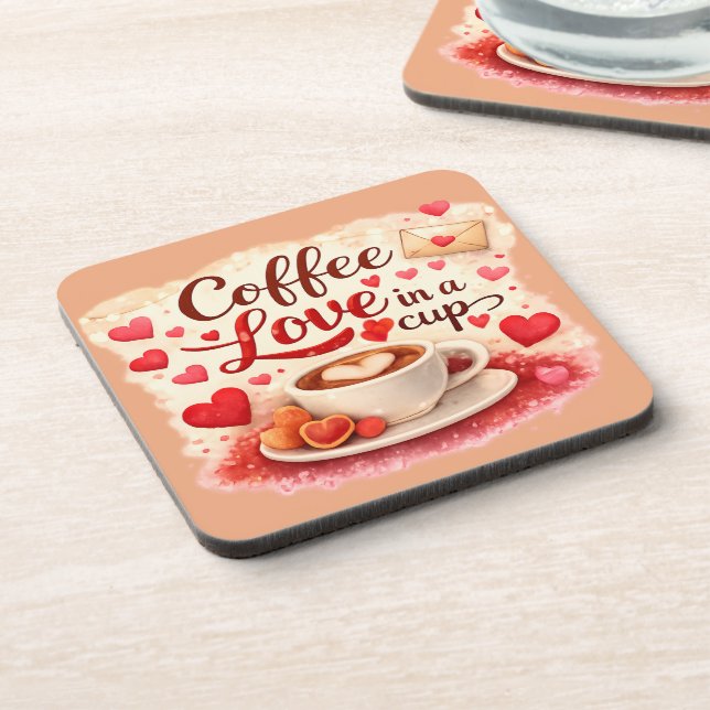 Coffee Love in a Cup Coffee Lover Valentine Brown  Coaster (Left Side)