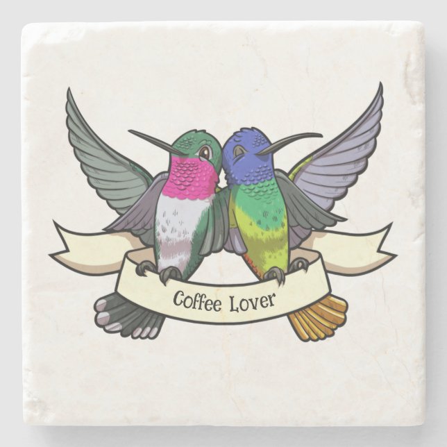 Coffee Lover Cute Hummingbirds Holding Ribbon Stone Coaster (Front)