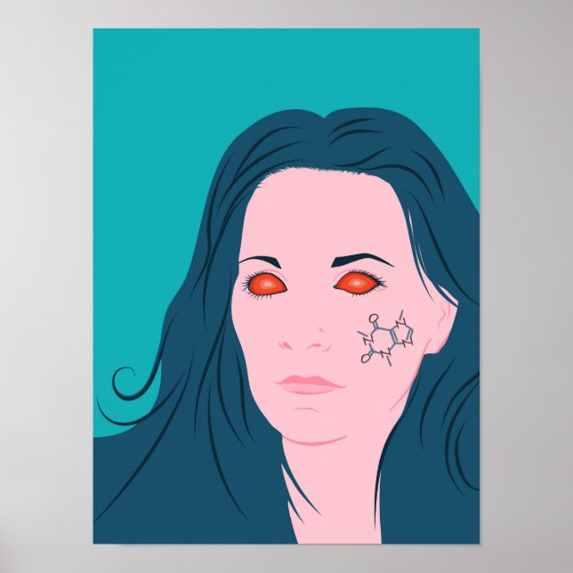 Coffee Lover Girl Blue Hair Caffeine Tattoo Poster (Front)