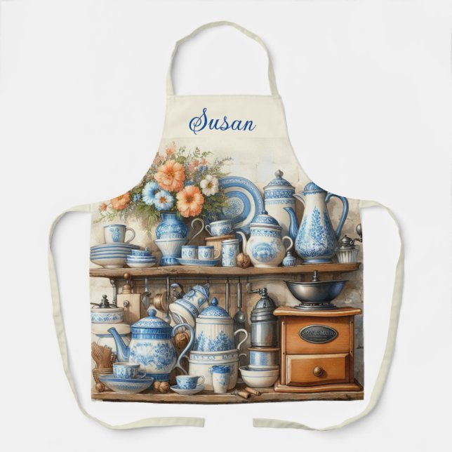 Coffee Lovers Vintage Blue  Apron (Front)