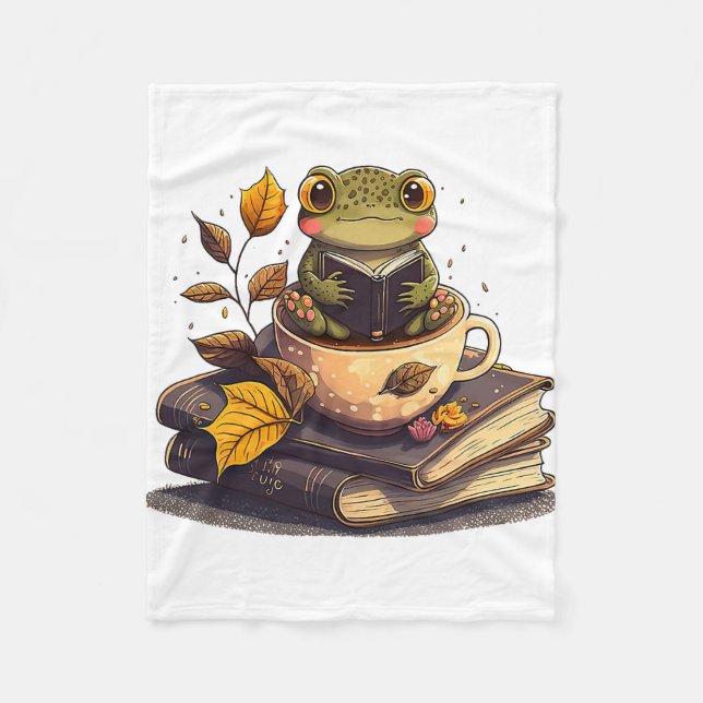 Coffee-Loving Frog Reading Books  Fleece Blanket (Front)