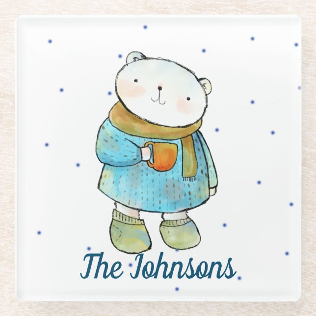 Coffee Loving Polar Bear Glass Coaster (Front)