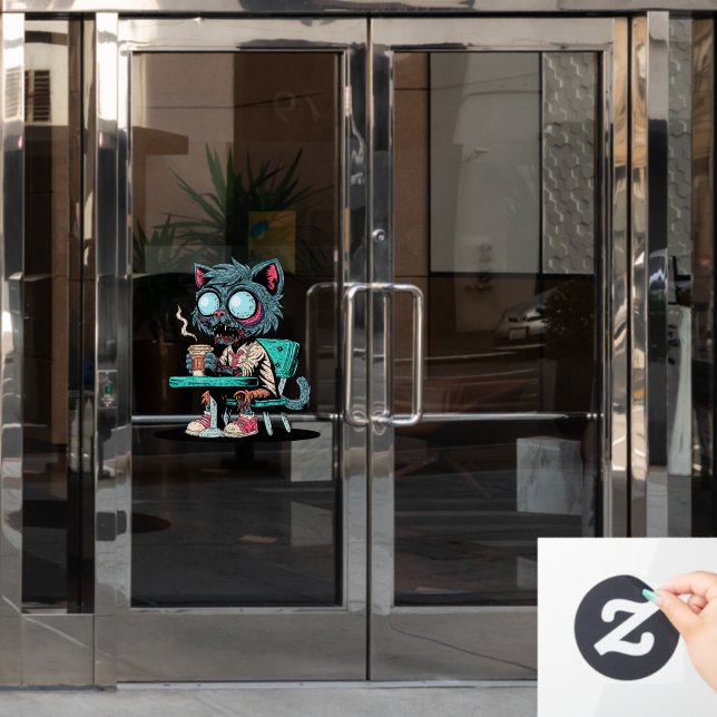 Coffee Loving Zombie Cat Window Cling (Office Door)