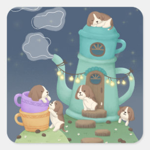 Coffee Maker & Puppies Illustration Art Square Sticker