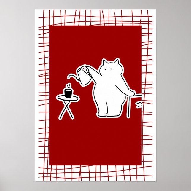 Coffee Making Cat — Cosy Cafe Aesthetic Art Poster (Front)