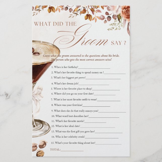 Coffee Martini What Groom Say Bridal Shower Game (Front)