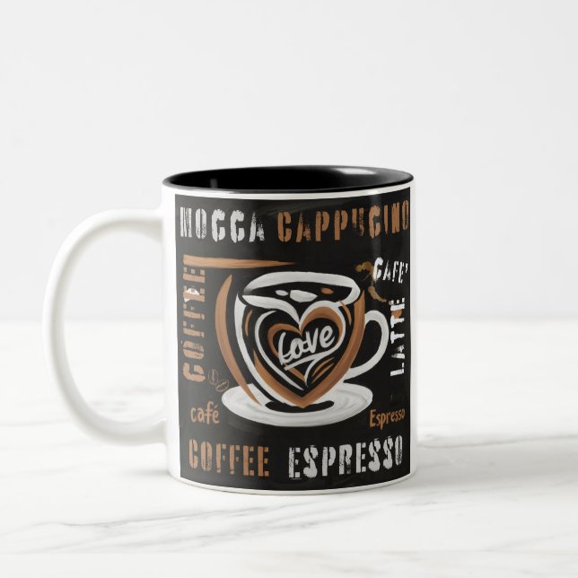 Coffee Mocca Cappucino Esspreso Cafe'Latte Two-Tone Coffee Mug (Left)