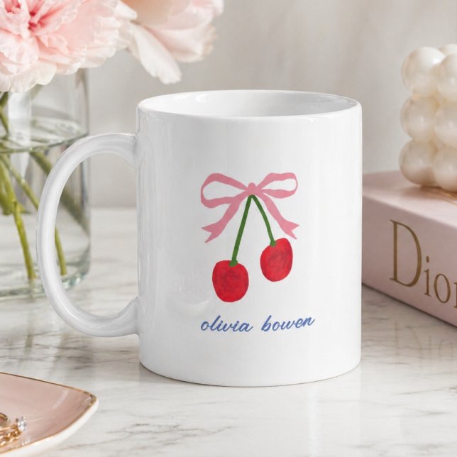 Coffee Mug | Cherry Coquette Bow Cute Illustration (A cute custom design mug with coquette bow and cherries, perfect for gifting or everyday use)