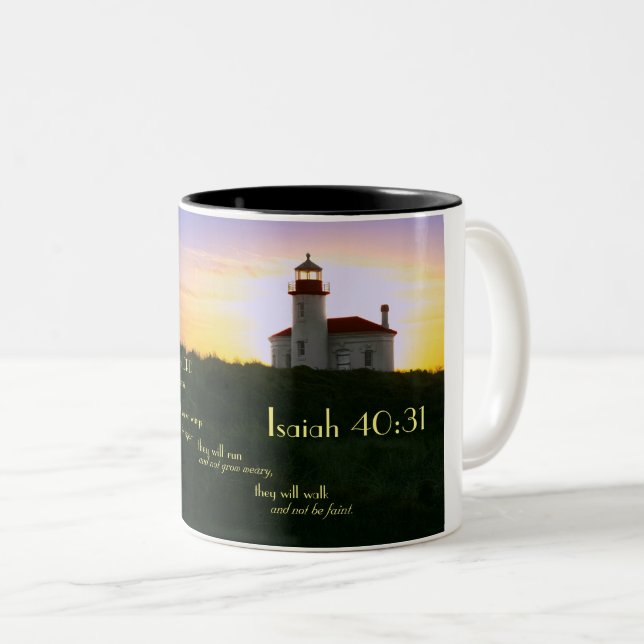 Coffee Mug with Bible Verse and Lighthouse (Front Right)