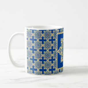 Coffee Mug with blue and gold medallion