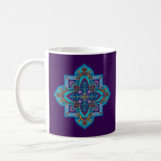Coffee mug with blue mandala, purple background (Left)