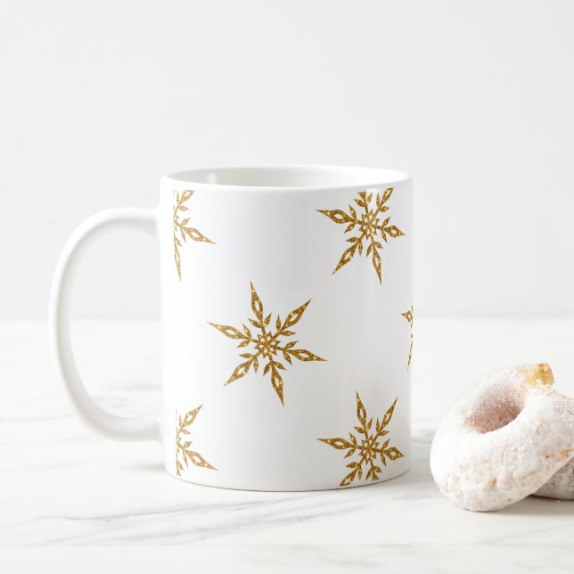 Coffee Mug With Glitter Gold Snowflakes (With Donut)
