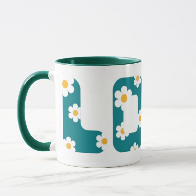 coffee mug with love phrase covered with flowers (Left)