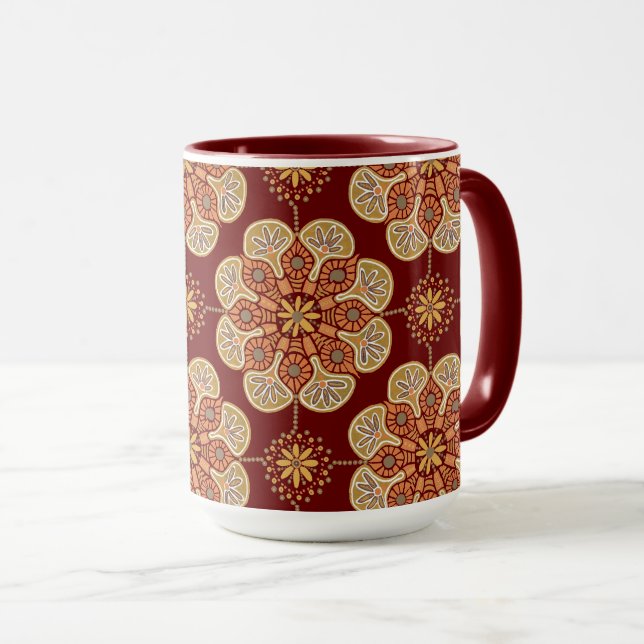  Coffee Mug with medallions ochre on wine (Front Right)