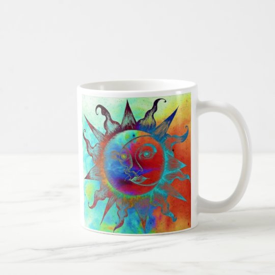 Coffee mug with multicolored sun and moon