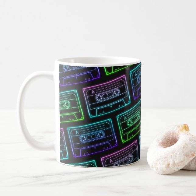 Coffee Mug With Neon Multicolor Cassette Pattern (With Donut)